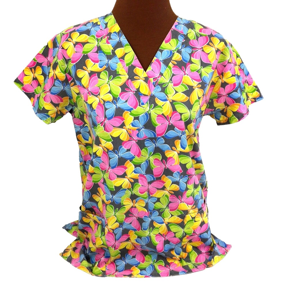 Cassandra‎ O Womens Small Scrub Top Butterfly Print Black Pink V Neck
